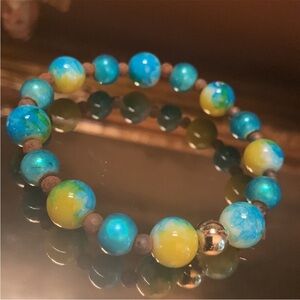 Turquoise and Yellow Beaded Stretch Bracelet